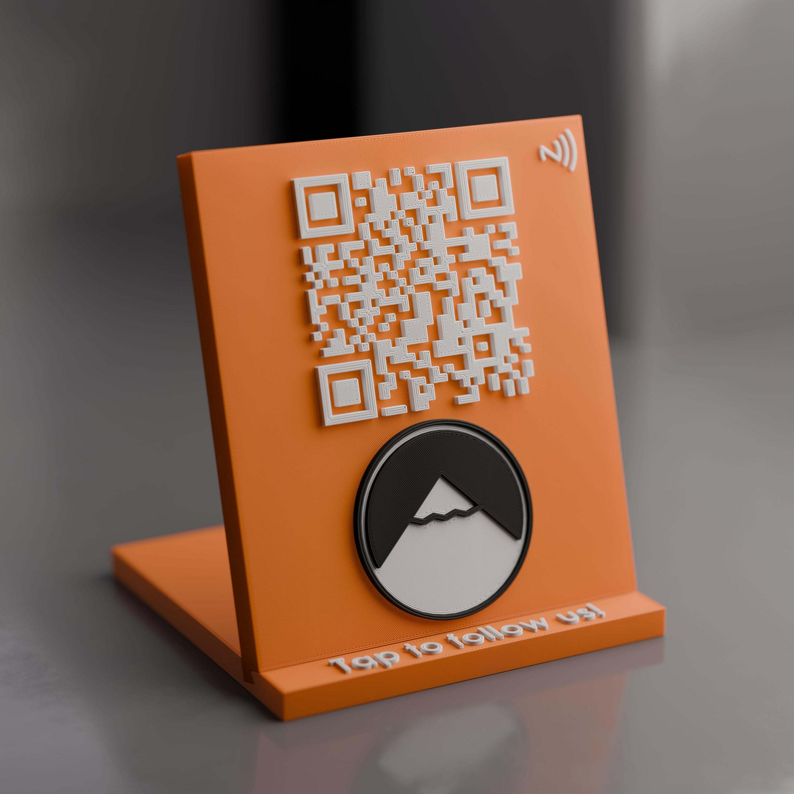 Example of Orange Qr Code Stands with NFC Chip - Get google reviews, boost website traffic, advertise social medias, and market your brand better.