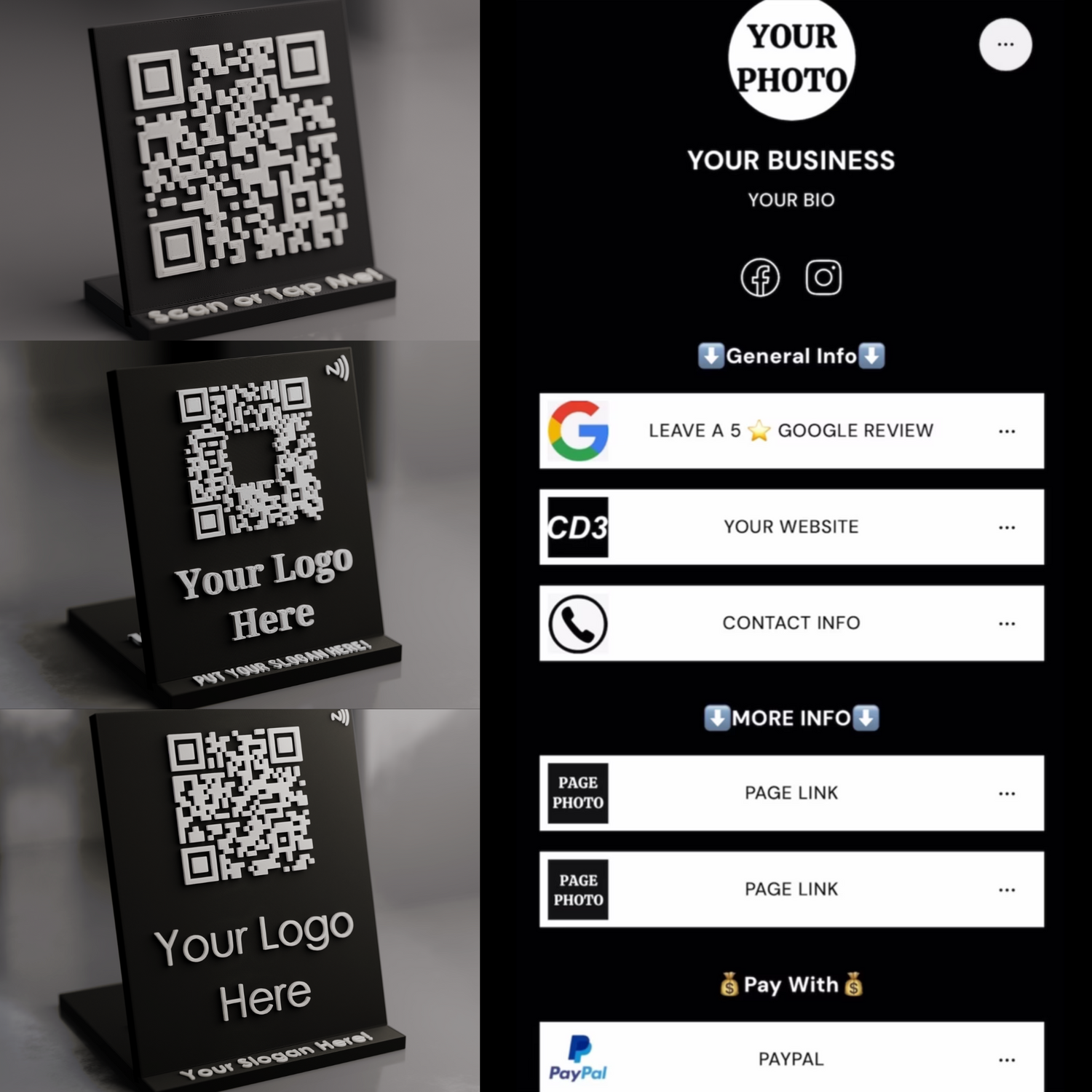 Example of linktree we will make if you choose the 2 link of 3+ link option of 10 Mini Qr Code Stands with NFC Chip - Get google reviews, boost website traffic, advertise social medias, and market your brand better.