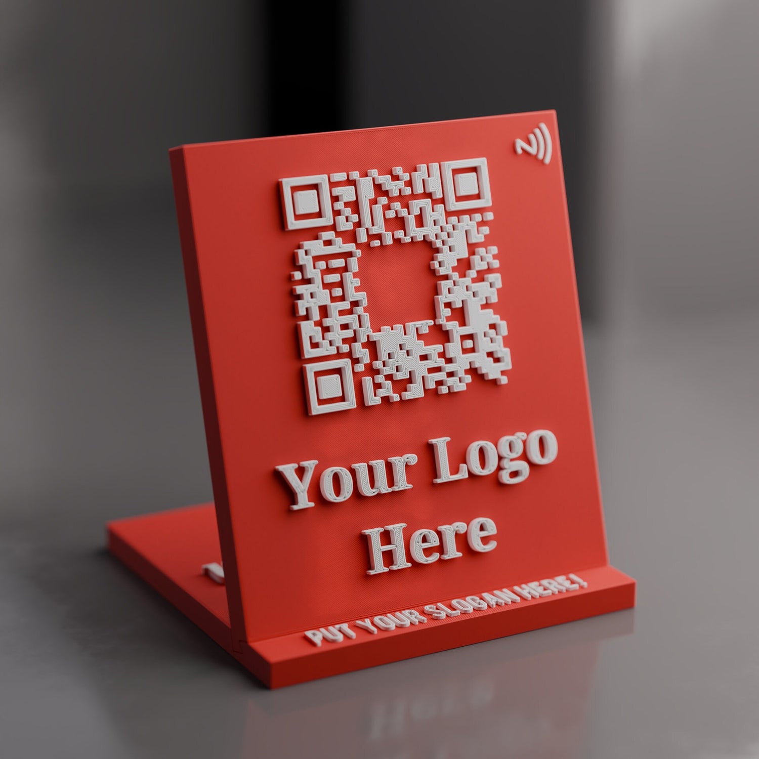 Fully customizable Red Qr Code Stand with NFC Chip - Get google reviews, boost website traffic, advertise social medias, and market your brand better.